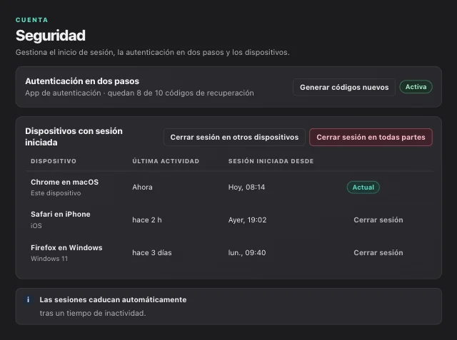 Captura de pantalla de eOptima «Cuenta · Seguridad»: En «Ajustes» → «Seguridad» activas la autenticación en dos pasos y cierras sesiones en otros dispositivos.