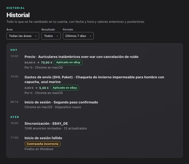 Captura de pantalla de eOptima «Historial»: El historial: cada cambio con antes → después, origen y confirmación de eBay.