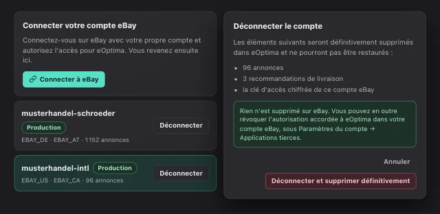 Capture d'écran eOptima « Connexions eBay » : Connecter plusieurs comptes eBay – et voir avant la déconnexion ce qui sera supprimé.