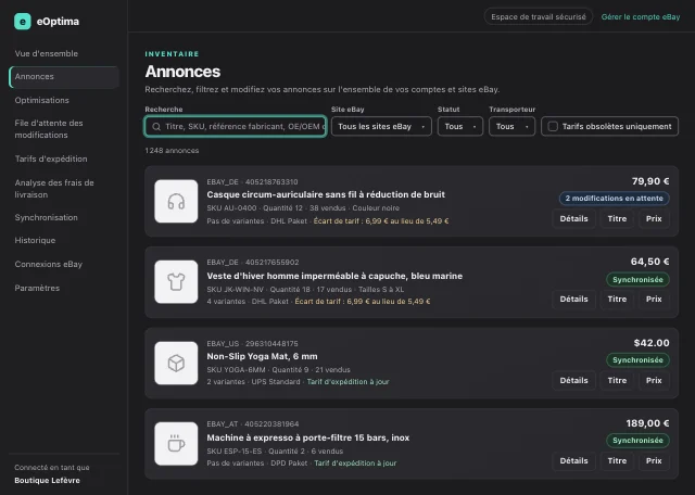 Capture d'écran eOptima « Annonces » : Les annonces de tous les comptes et sites eBay – avec alerte tarifaire et modification en ligne.