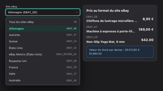 Capture d'écran eOptima « Choix du site eBay » : 20 sites eBay, avec des montants toujours au format du site concerné.