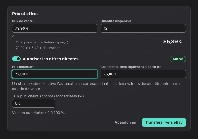 Capture d'écran eOptima « Prix et offres » : Seuils des offres directes, aperçu du prix total et taux publicitaire dans une seule carte.