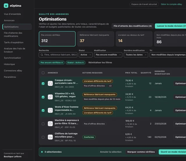 Capture d'écran eOptima « Optimisations » : Filtres rapides, actions requises par annonce et barre d'actions groupées pour la sélection.