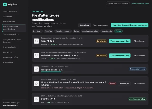 Capture d'écran eOptima « File d'attente des modifications » : Chaque modification avec son statut – elle n'est appliquée qu'après confirmation par eBay.