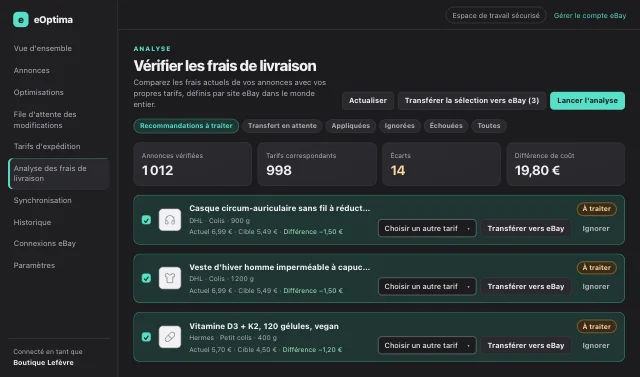 Capture d'écran eOptima « Analyse des frais de livraison » : Chaque écart sous forme de recommandation, avec valeur réelle, valeur cible et différence.