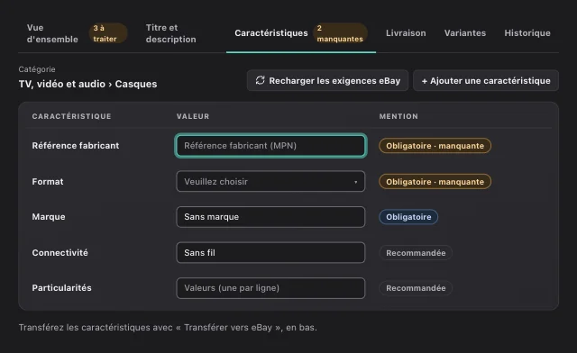 Capture d'écran eOptima « Caractéristiques de l'objet » : Caractéristiques obligatoires et recommandées par catégorie eBay – les lacunes sautent aux yeux.