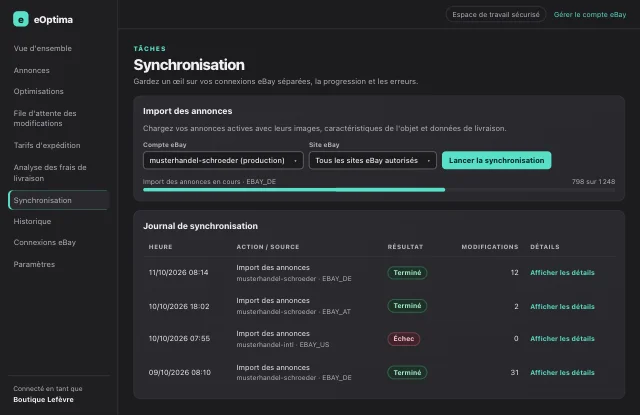 Capture d'écran eOptima « Synchronisation » : Import des annonces avec progression et journal de synchronisation complet.