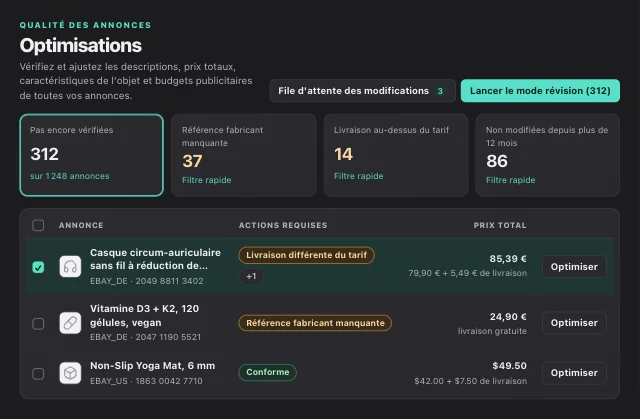 Tableau de bord eOptima : optimiser les annonces eBay, ajuster les frais de livraison et repérer les références fabricant manquantes