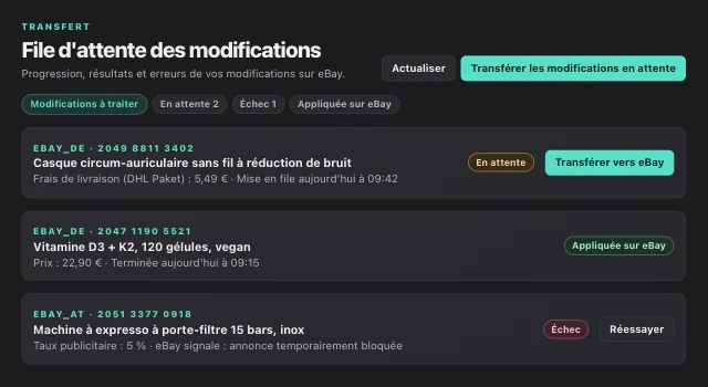 File d'attente des modifications dans eOptima : transférer les modifications eBay de manière groupée, avec statut par modification