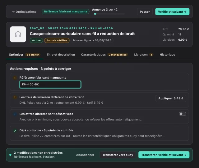 Mode révision dans eOptima : annonce eBay avec référence fabricant manquante, caractéristique obligatoire vide et frais de livraison divergents