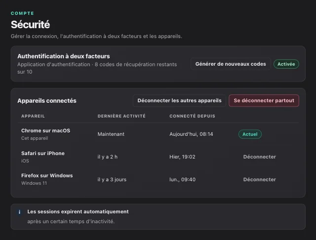 Capture d'écran eOptima « Compte · Sécurité » : Dans « Paramètres » → « Sécurité », vous activez l'authentification à deux facteurs et fermez les sessions sur d'autres appareils.