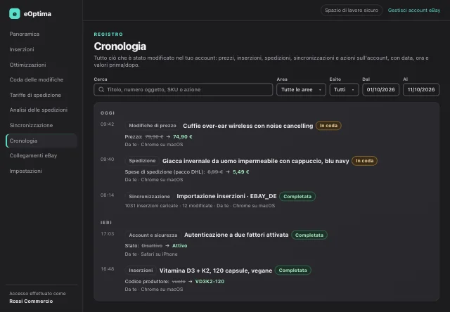 Screenshot di eOptima “Cronologia”: Cronologia raggruppata per giorno, con valori prima/dopo e dispositivo.
