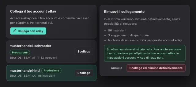 Screenshot di eOptima “Collegamenti eBay”: Collega più account eBay e, prima di scollegarli, vedi cosa verrà eliminato.