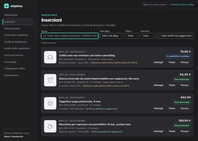 Screenshot di eOptima “Inserzioni”: Inserzioni di tutti gli account e siti eBay, con avviso sulla tariffa e modifica in linea.