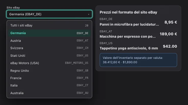 Screenshot di eOptima “Scelta del sito eBay”: 20 siti eBay, con gli importi sempre nel formato del sito eBay.