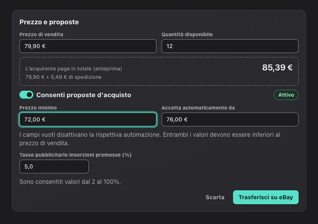 Screenshot di eOptima “Prezzo e proposte”: Limiti delle proposte d'acquisto, anteprima del prezzo totale e tasso pubblicitario in un'unica scheda.