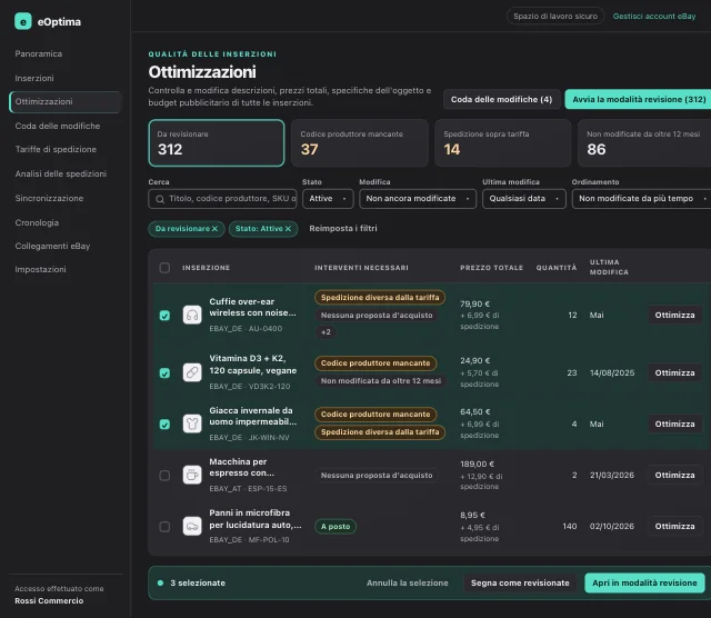 Screenshot di eOptima “Ottimizzazioni”: Filtri rapidi, interventi necessari per ogni inserzione e barra delle azioni multiple per la selezione.
