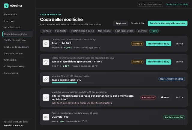 Screenshot di eOptima “Coda delle modifiche”: Ogni modifica con il suo stato: viene applicata solo dopo la conferma di eBay.
