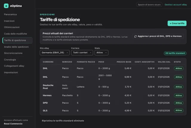 Screenshot di eOptima “Tariffe di spedizione”: Tariffe di spedizione per sito eBay con peso, prezzi e validità (valori dimostrativi).