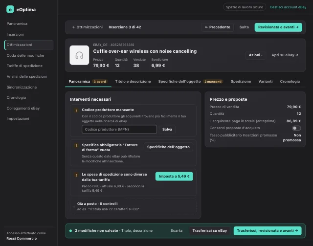 Screenshot di eOptima “Modalità revisione”: Modalità revisione: risolvi subito i punti aperti, trasferisci su eBay e passa all'inserzione successiva.