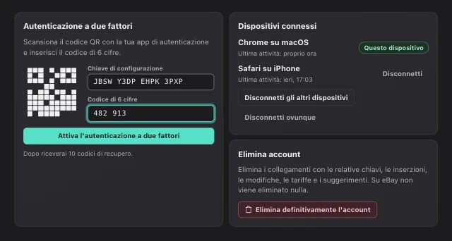 Screenshot di eOptima “Sicurezza e account”: Autenticazione a due fattori, panoramica dei dispositivi ed eliminazione dell'account, tutto nelle Impostazioni.