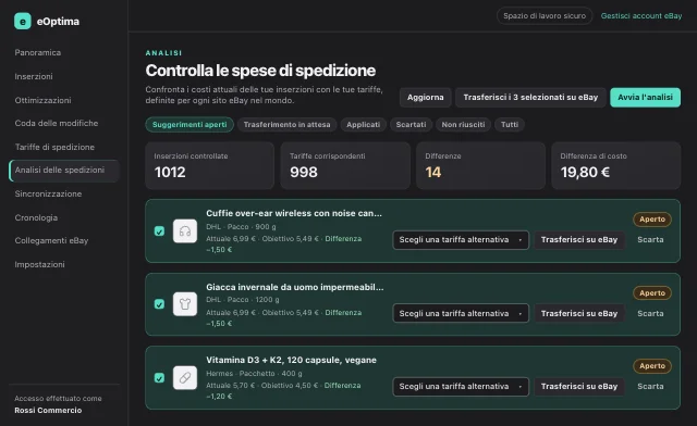 Screenshot di eOptima “Analisi delle spedizioni”: Ogni differenza come suggerimento con valore attuale, valore obiettivo e differenza.