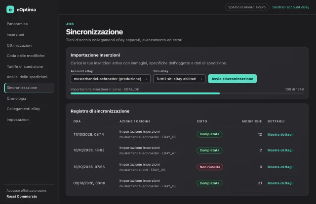 Screenshot di eOptima “Sincronizzazione”: Importazione delle inserzioni con avanzamento e registro di sincronizzazione completo.