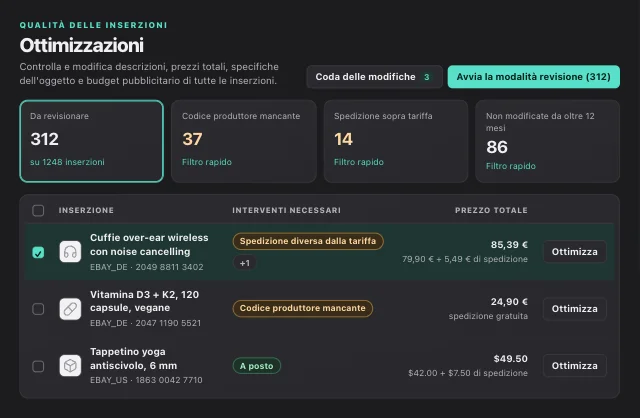 Dashboard di eOptima: ottimizzare le inserzioni eBay, adeguare le spese di spedizione e trovare i codici produttore mancanti