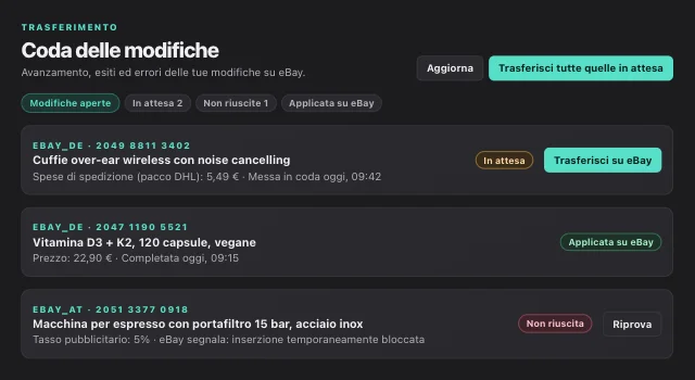 Coda delle modifiche in eOptima: trasferire le modifiche su eBay tutte insieme, con lo stato di ogni modifica