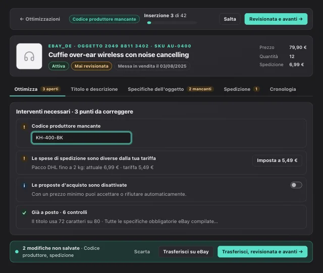 Modalità revisione in eOptima: inserzione eBay con codice produttore mancante, specifica obbligatoria vuota e spese di spedizione diverse dalla tariffa