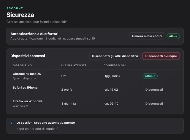 Screenshot di eOptima “Account · Sicurezza”: In “Impostazioni” → “Sicurezza” attivi l'autenticazione a due fattori e chiudi le sessioni sugli altri dispositivi.