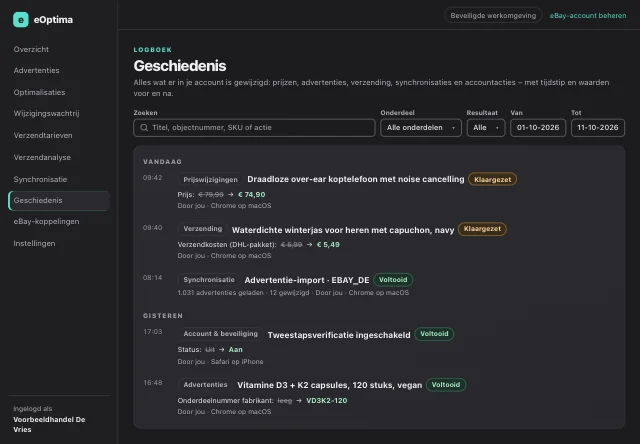 eOptima-screenshot “Geschiedenis”: Geschiedenis gegroepeerd per dag, met waarden voor en na en apparaat.