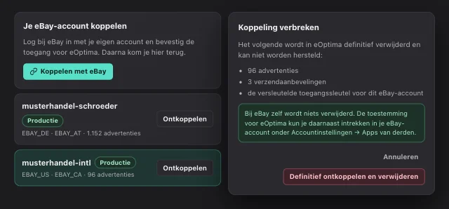 eOptima-screenshot “eBay-koppelingen”: Meerdere eBay-accounts koppelen – en vóór het ontkoppelen zien wat er wordt verwijderd.