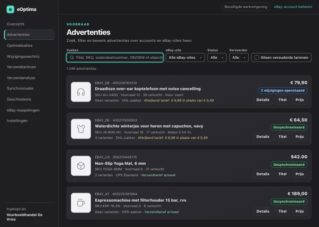 eOptima-screenshot “Advertenties”: Advertenties van alle accounts en eBay-sites – met tariefmelding en inline bewerken.