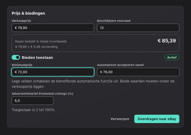 eOptima-screenshot “Prijs & biedingen”: Grenzen voor biedingen, voorbeeld van de totaalprijs en advertentietarief in één kaart.