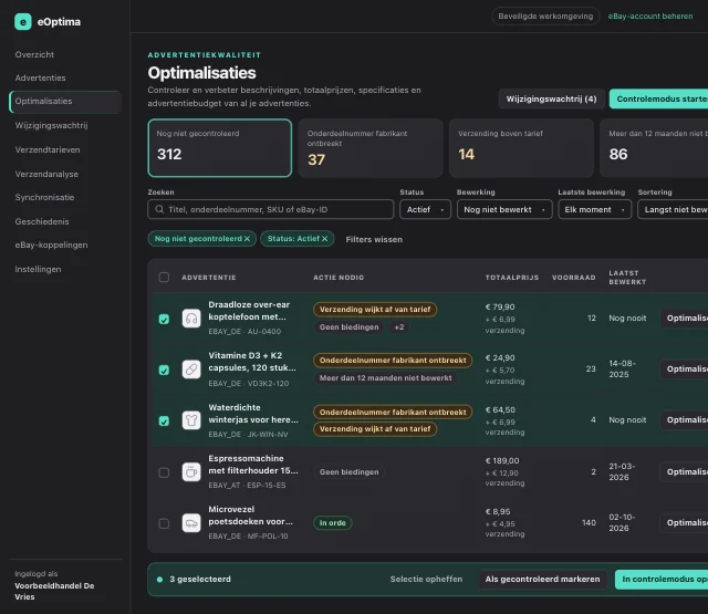 eOptima-screenshot “Optimalisaties”: Snelfilters, benodigde actie per advertentie en een actiebalk voor de selectie.