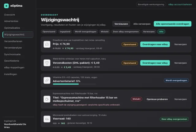 eOptima-screenshot “Wijzigingswachtrij”: Elke wijziging met status – overgenomen wordt pas na bevestiging door eBay.