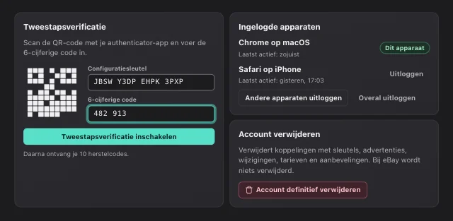 eOptima-screenshot “Beveiliging & account”: Tweestapsverificatie, apparaatoverzicht en account verwijderen – allemaal in Instellingen.