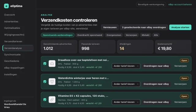 eOptima-screenshot “Verzendanalyse”: Elke afwijking als aanbeveling met huidige waarde, doelwaarde en verschil.