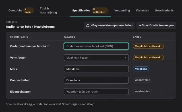 eOptima-screenshot “Specificaties”: Verplichte en aanbevolen specificaties per eBay-categorie – ontbrekende gegevens zie je meteen.