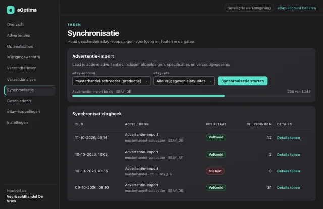 eOptima-screenshot “Synchronisatie”: Advertentie-import met voortgang en volledig synchronisatielogboek.