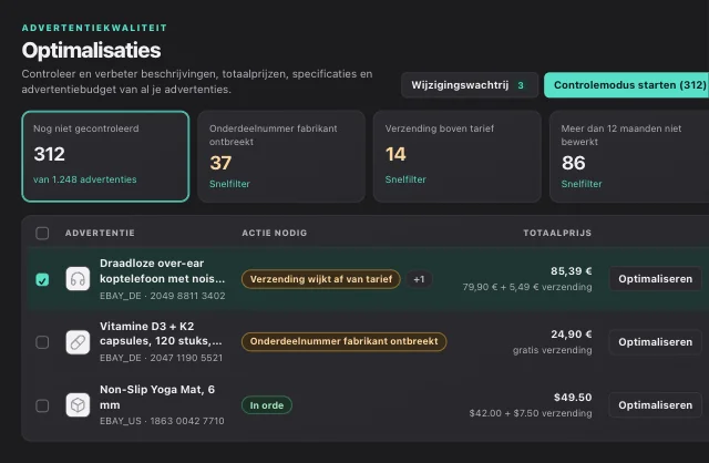 eOptima-dashboard: eBay-advertenties optimaliseren, verzendkosten aanpassen en ontbrekende onderdeelnummers (MPN) vinden