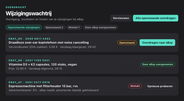 Wijzigingswachtrij in eOptima: eBay-wijzigingen gebundeld overdragen, met status per wijziging