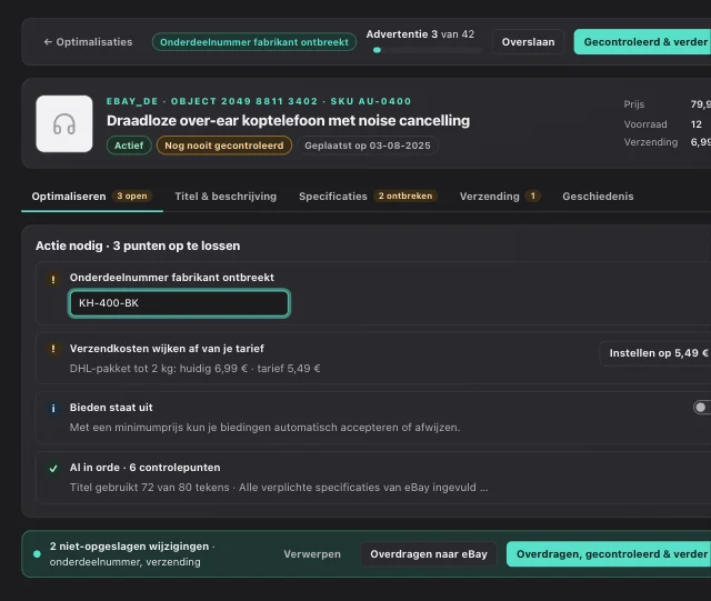 Controlemodus in eOptima: eBay-advertentie met ontbrekend onderdeelnummer, lege verplichte specificatie en afwijkende verzendkosten