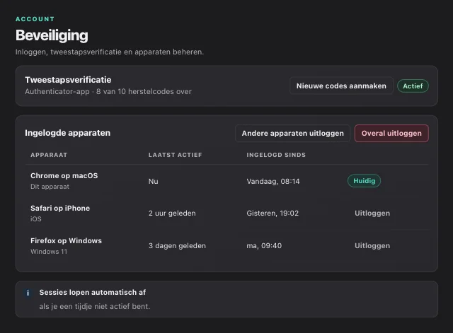 eOptima-screenshot “Account · Beveiliging”: Onder “Instellingen” → “Beveiliging” schakel je tweestapsverificatie in en beëindig je sessies op andere apparaten.