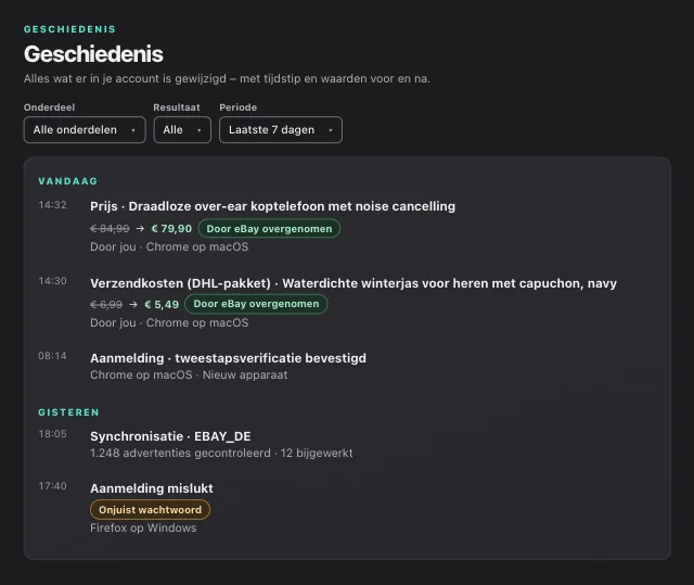 eOptima-screenshot “Geschiedenis”: De geschiedenis: elke wijziging met voor → na, herkomst en bevestiging door eBay.