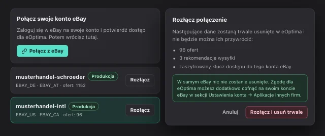 Zrzut ekranu eOptima „Połączenia z eBay”: Połącz kilka kont eBay – i przed rozłączeniem zobacz, co zostanie usunięte.