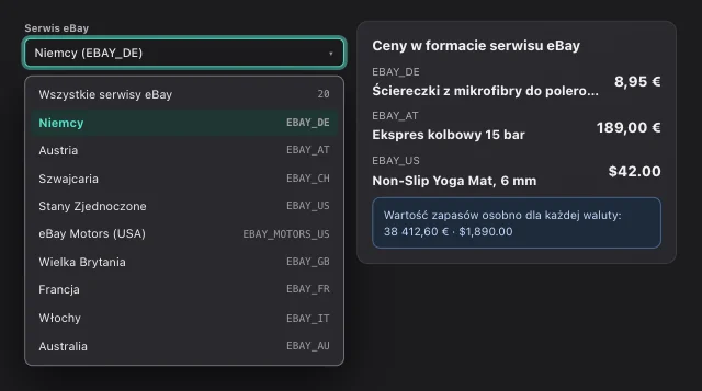 Zrzut ekranu eOptima „Wybór serwisu eBay”: 20 serwisów eBay, kwoty zawsze w formacie danego serwisu.