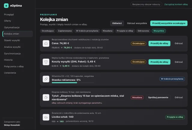 Zrzut ekranu eOptima „Kolejka zmian”: Każda zmiana ze statusem – przyjmowana dopiero po potwierdzeniu przez eBay.