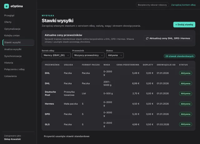 Zrzut ekranu eOptima „Stawki wysyłki”: Stawki wysyłki dla każdego serwisu eBay z wagą, cenami i okresem obowiązywania (wartości demonstracyjne).